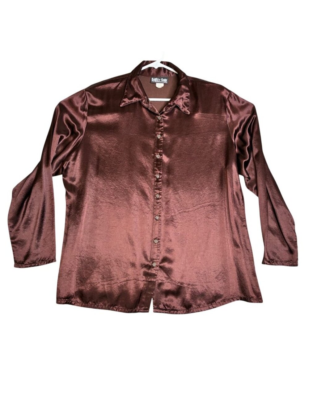 Street Code Women's Brown Satin Button Up Shirt Long Sleeve Blouse Size 2X USA - Picture 2 of 8